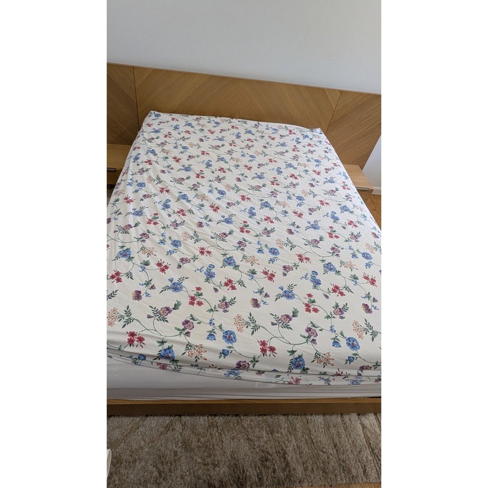 Vintage Cannon Floral Sheet Set Full Double White Blue Pink Wildflower USA Made
